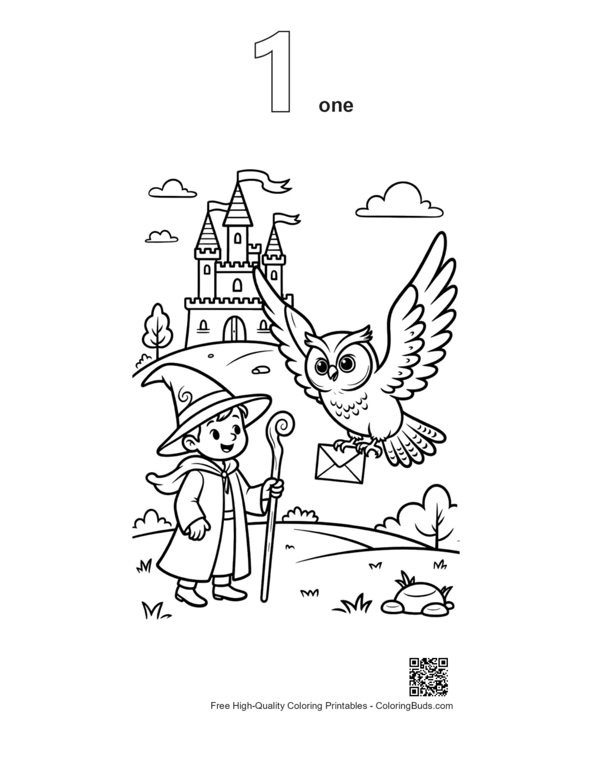 Wizard owl winter forest outline coloring page number 1
