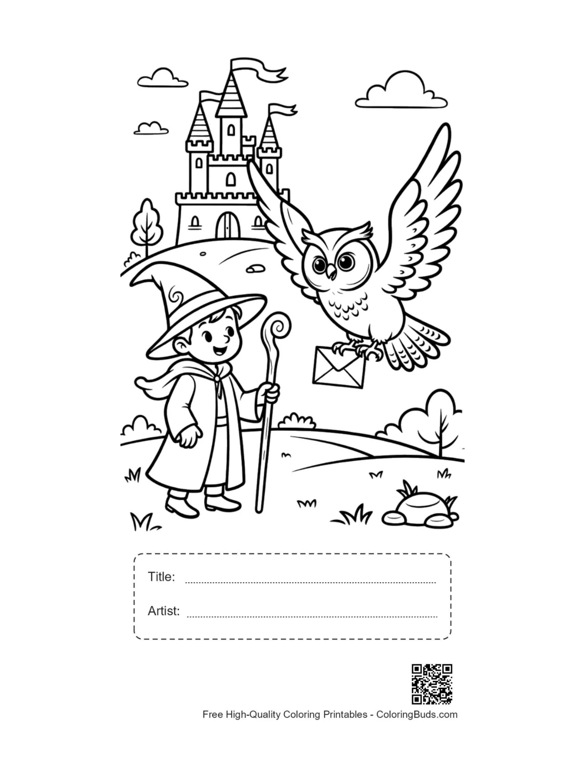 Wise wizard owl winter forest printable with title box