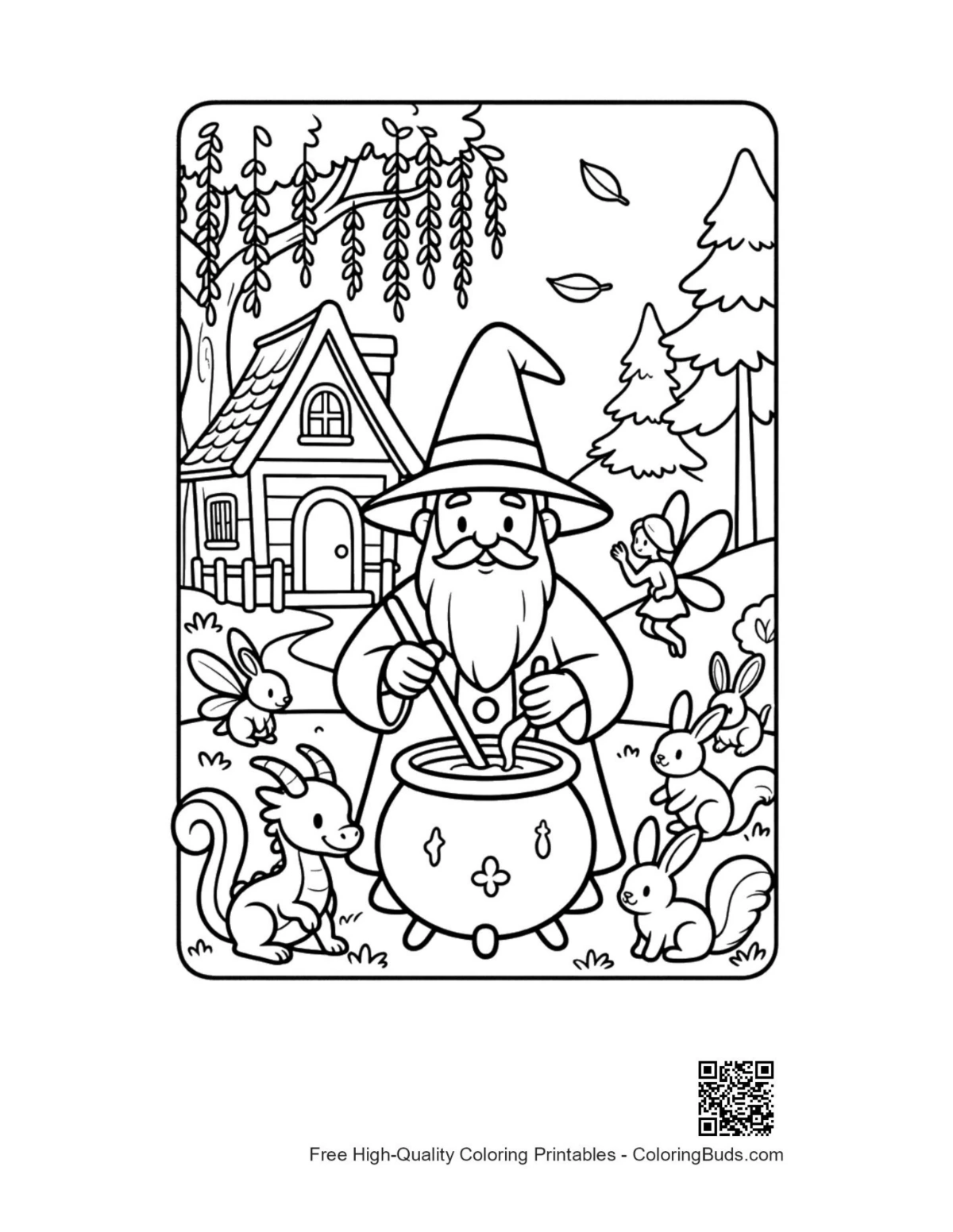 Wise wizard brewing magic spell forest workshop coloring page