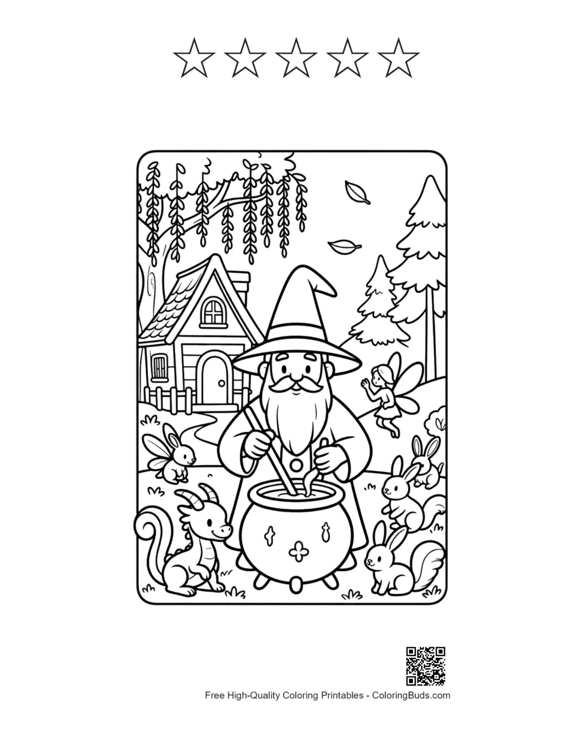 Wise wizard forest printable with 5 star outlines coloring