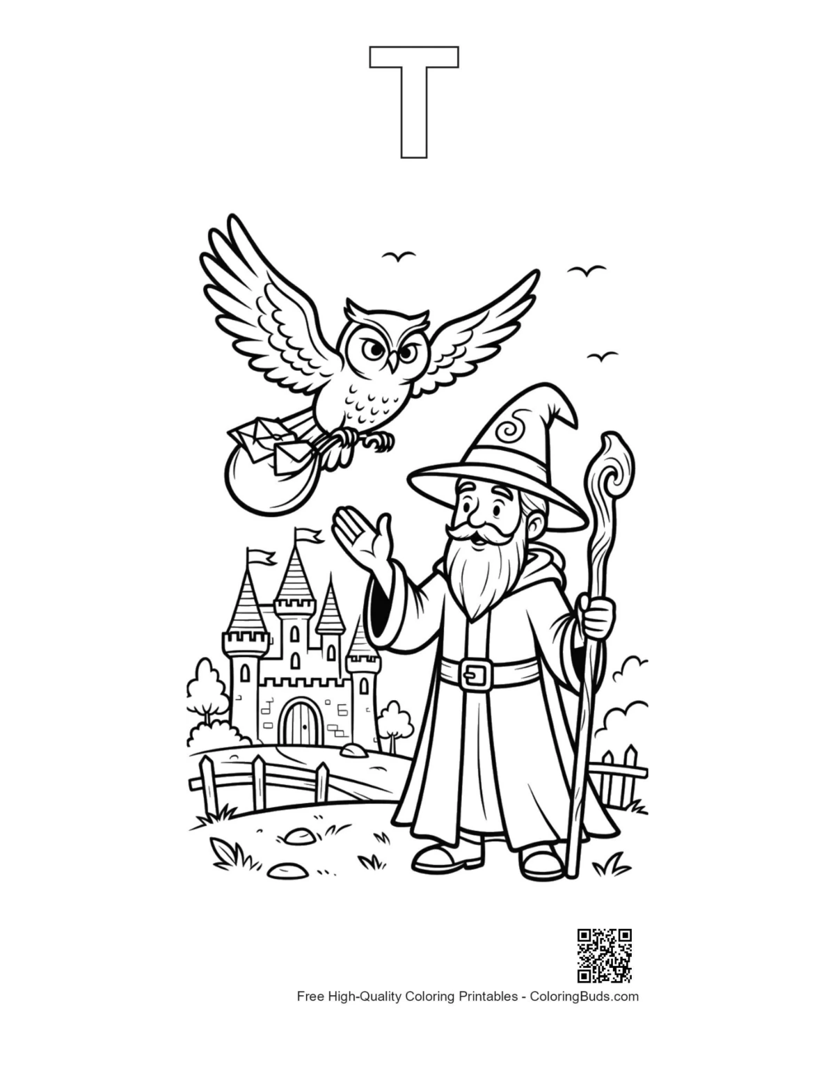 Zauberer Eule Garten ausdruckbar mit Alphabet T Umriss