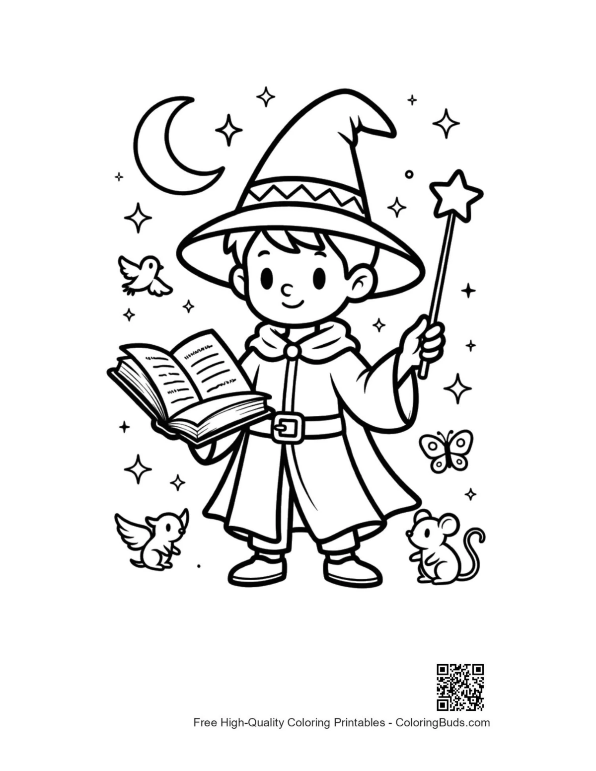Young apprentice reading magic book stars printable