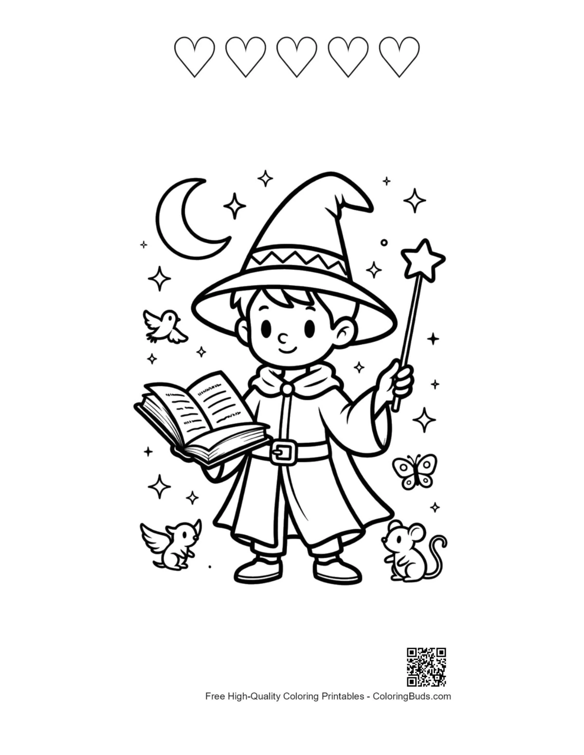 Magic book apprentice stars hearts outline printable