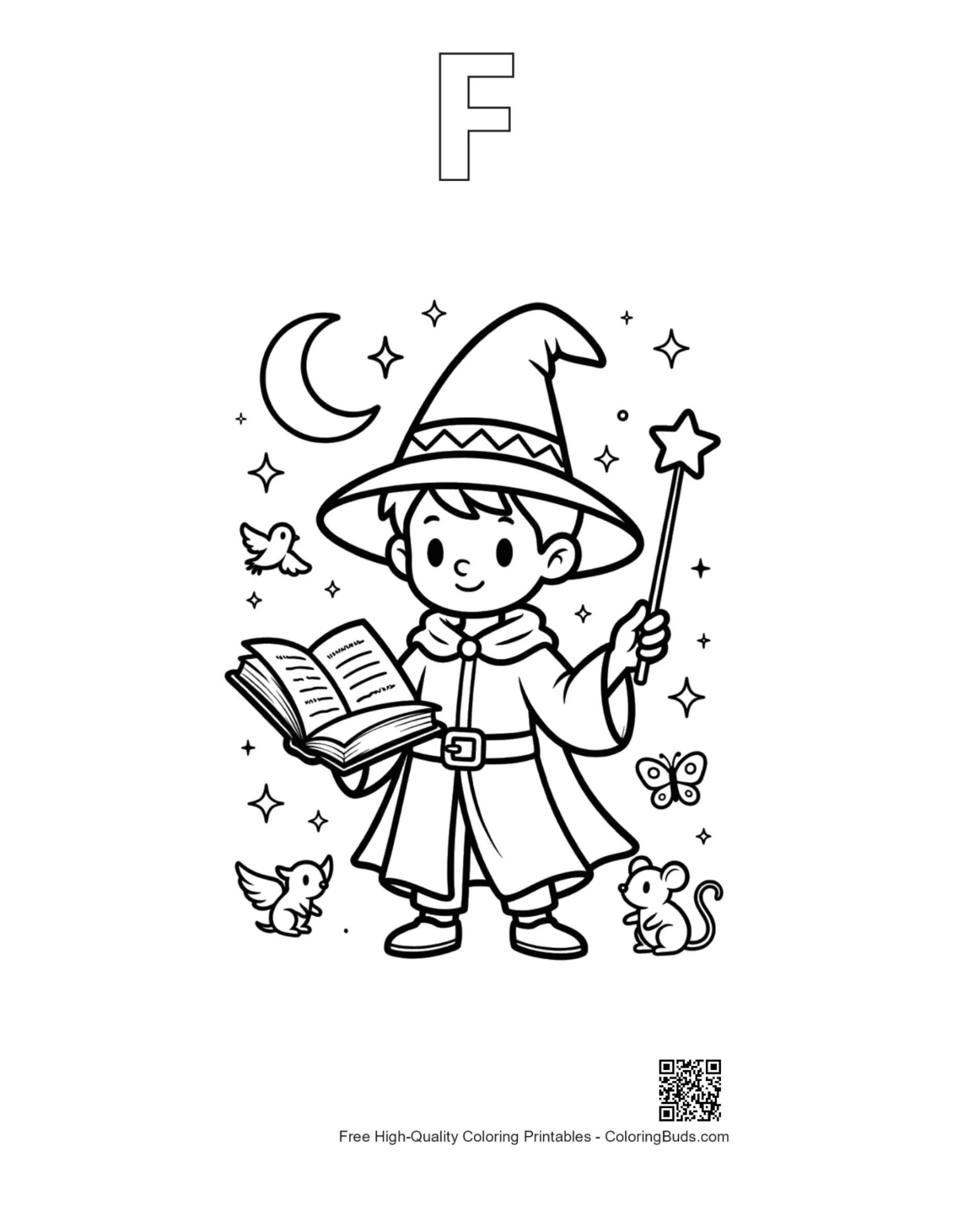 Magic Wizard coloring pages apprentice book stars alphabet F