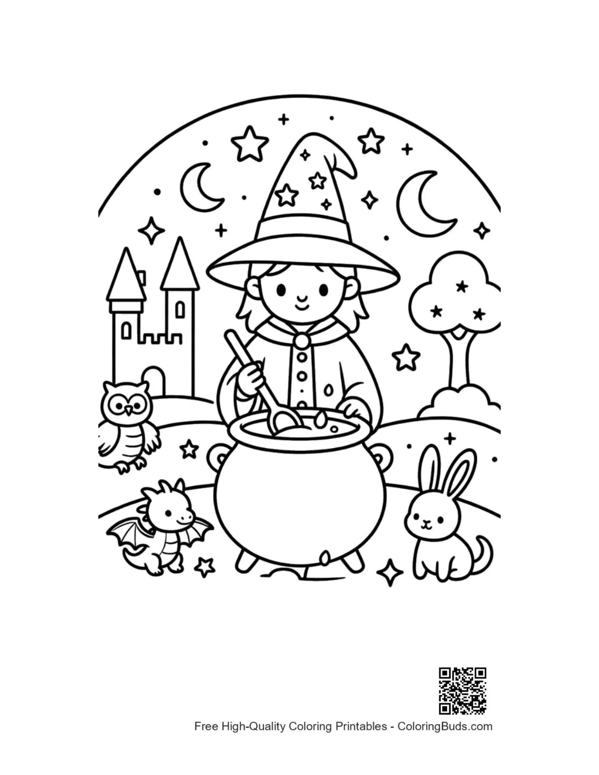 Young wizard stirring magic potion under moon printable