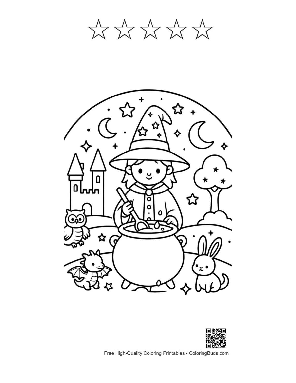 Wizard stirring potion printable with 5 star outlines