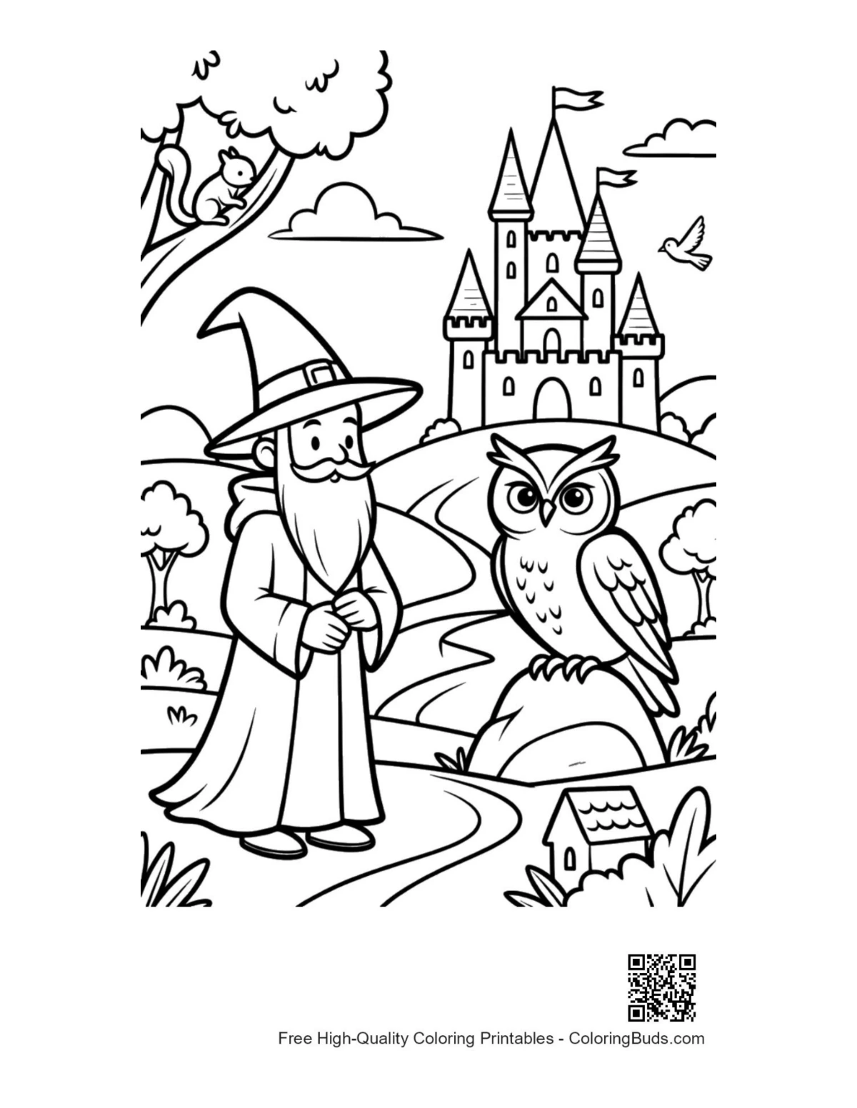 Young sorcerer with staff and owl printable