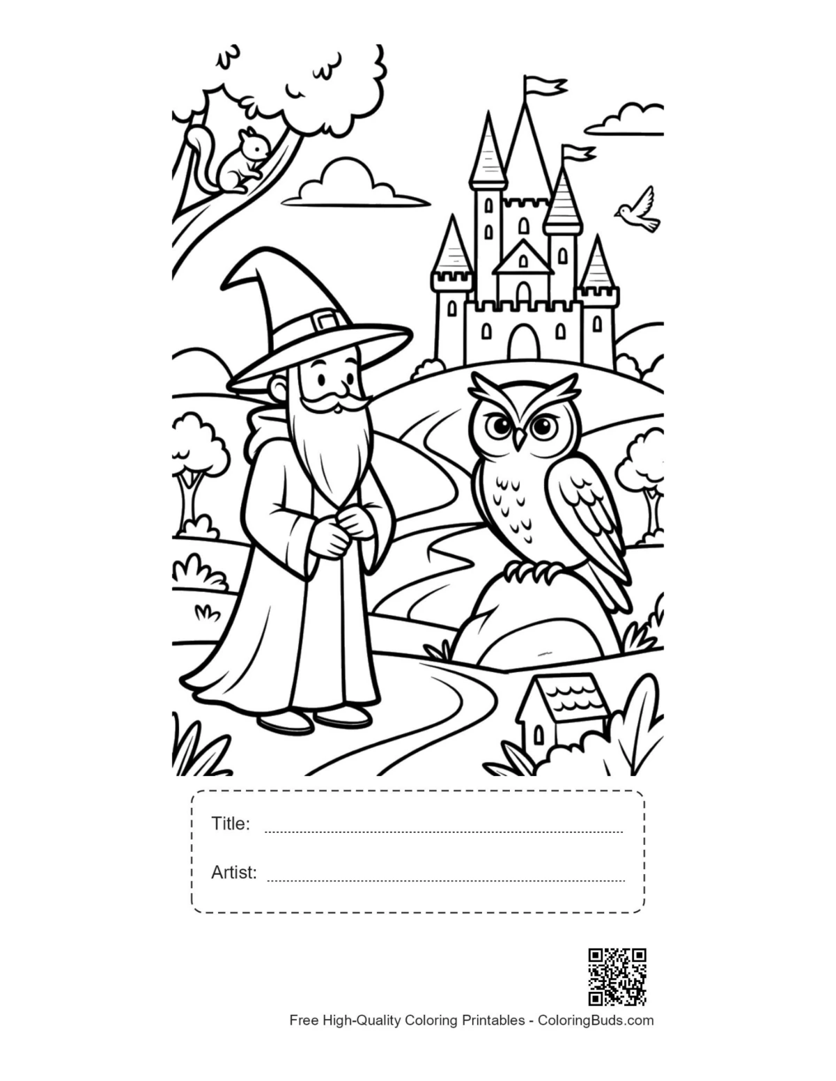 Young sorcerer owl printable with title box
