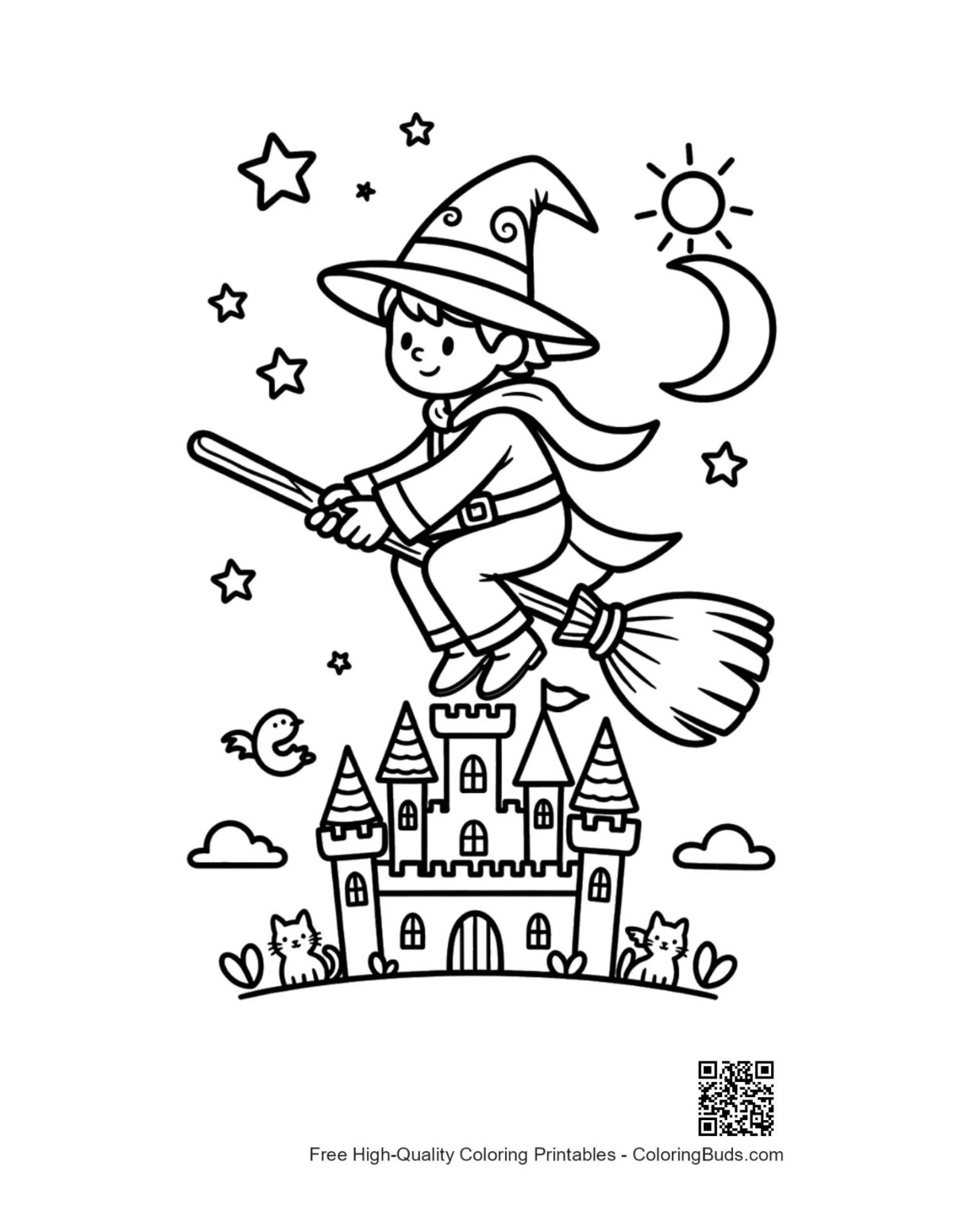 Young wizard on broomstick over magic castle coloring printable