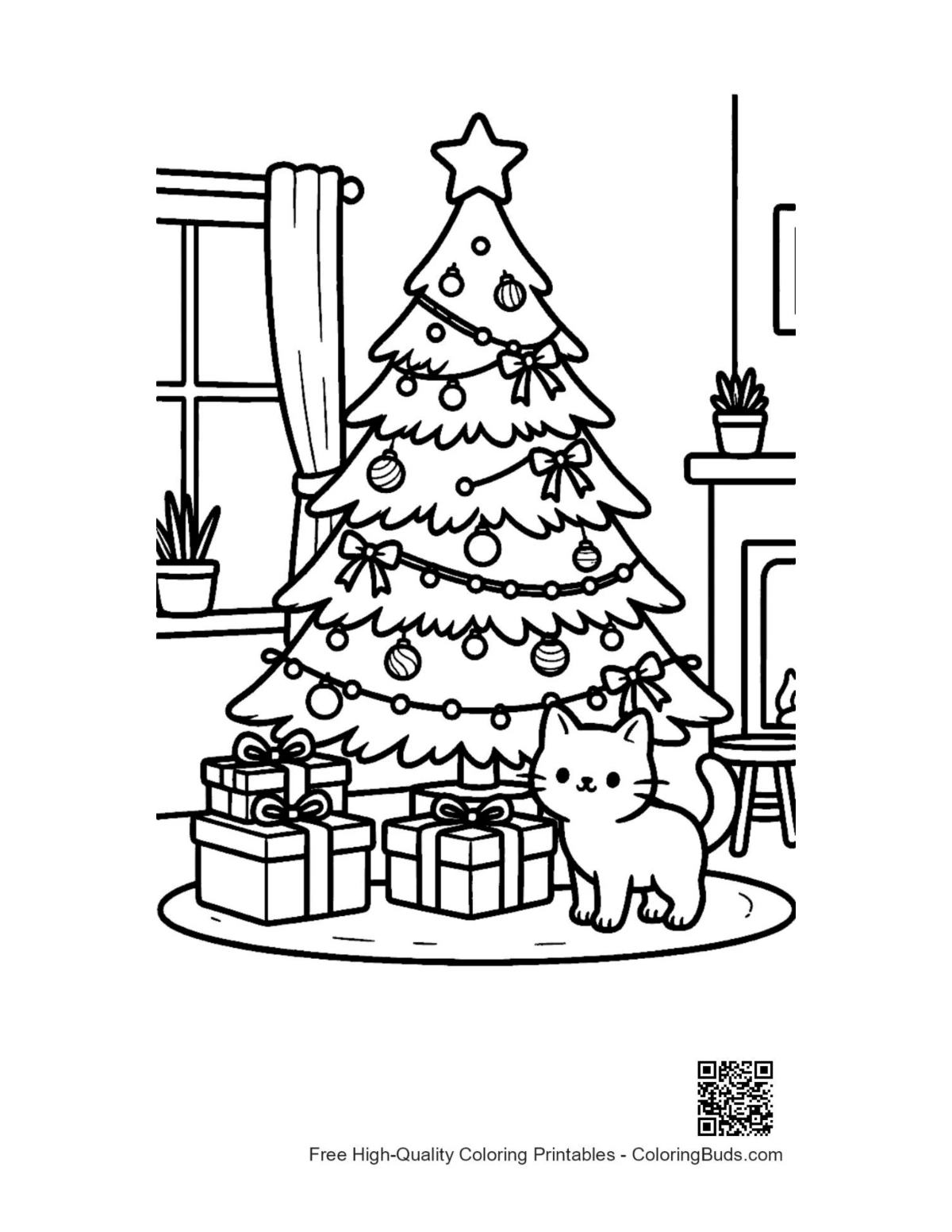 Cute puppies by Christmas tree with gifts coloring page