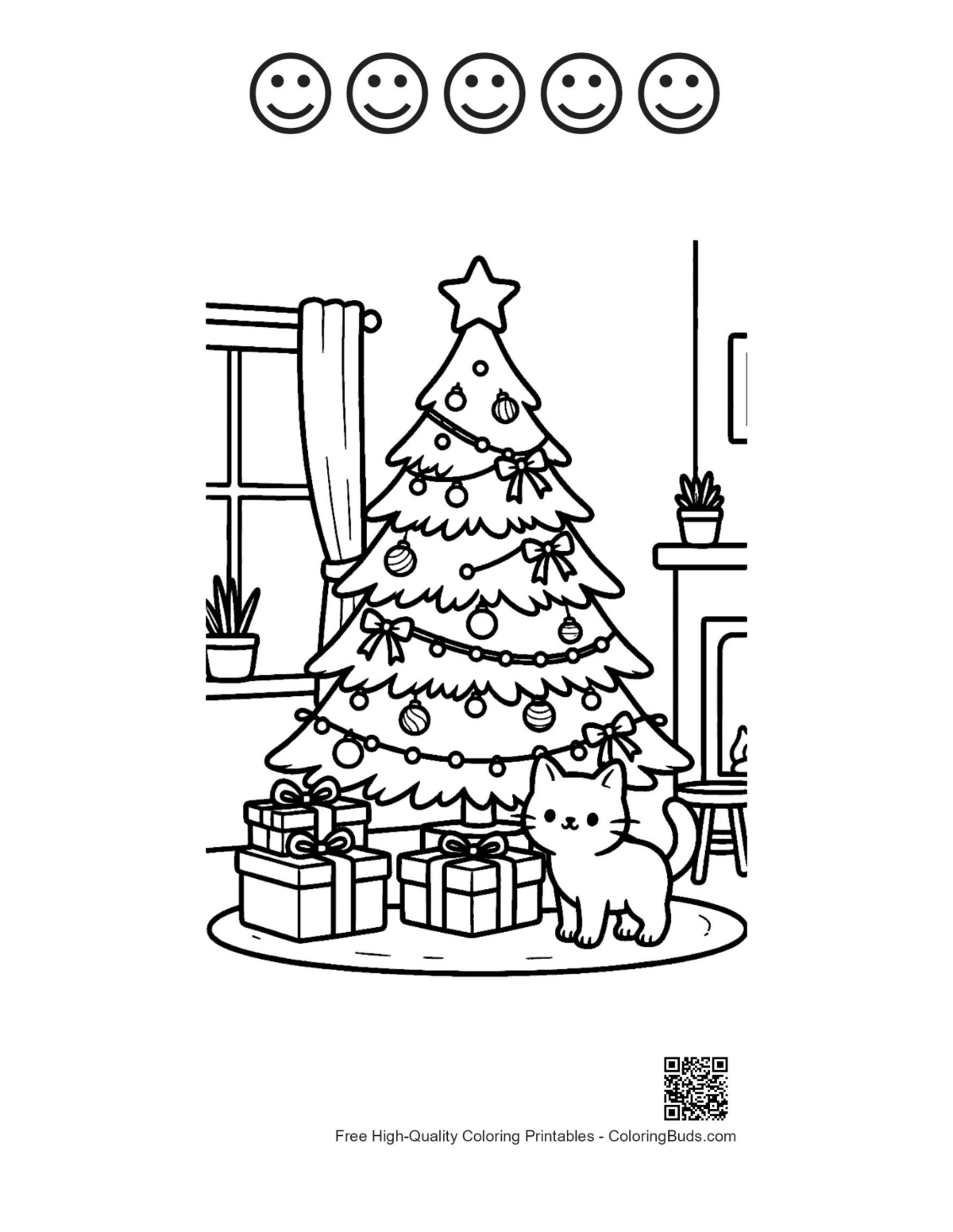 Puppies by tree coloring sheet with happy faces