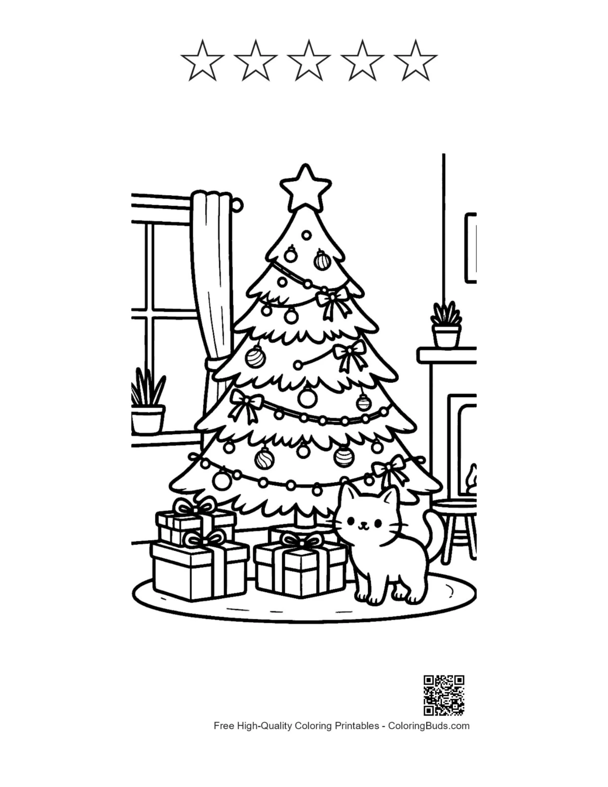 Christmas Tree coloring page puppies with star outlines