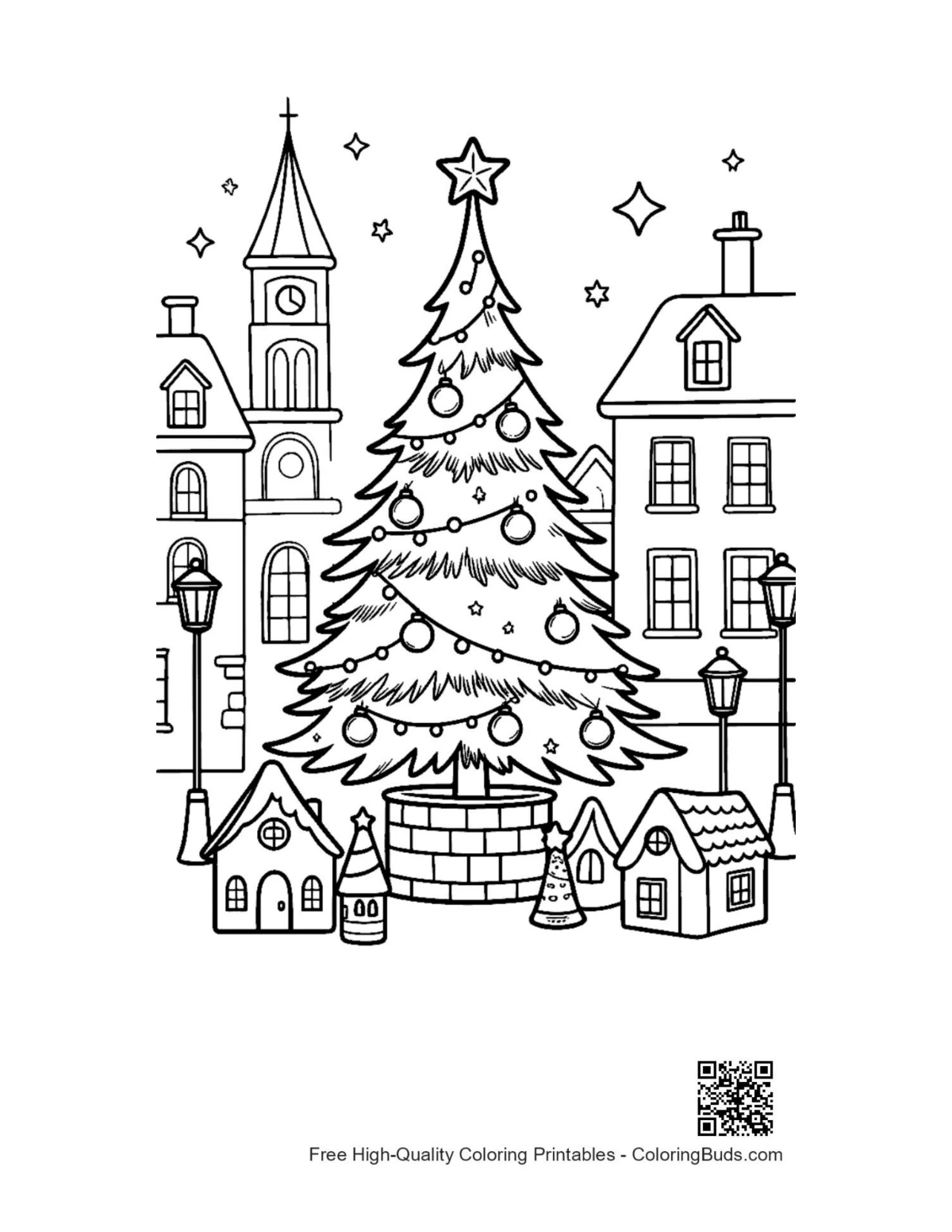 Snowy village Christmas tree coloring page printable