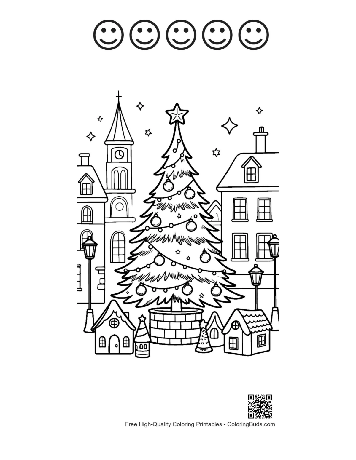 Snowy tree page with happy faces outlines