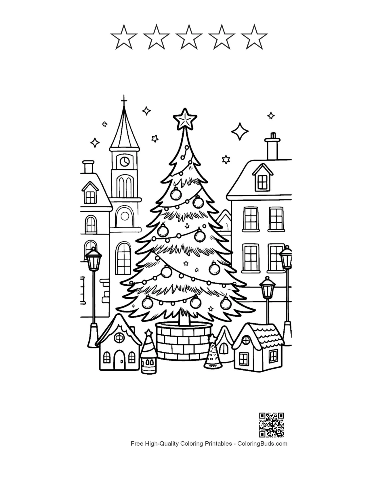 Christmas tree coloring page with 5 stars