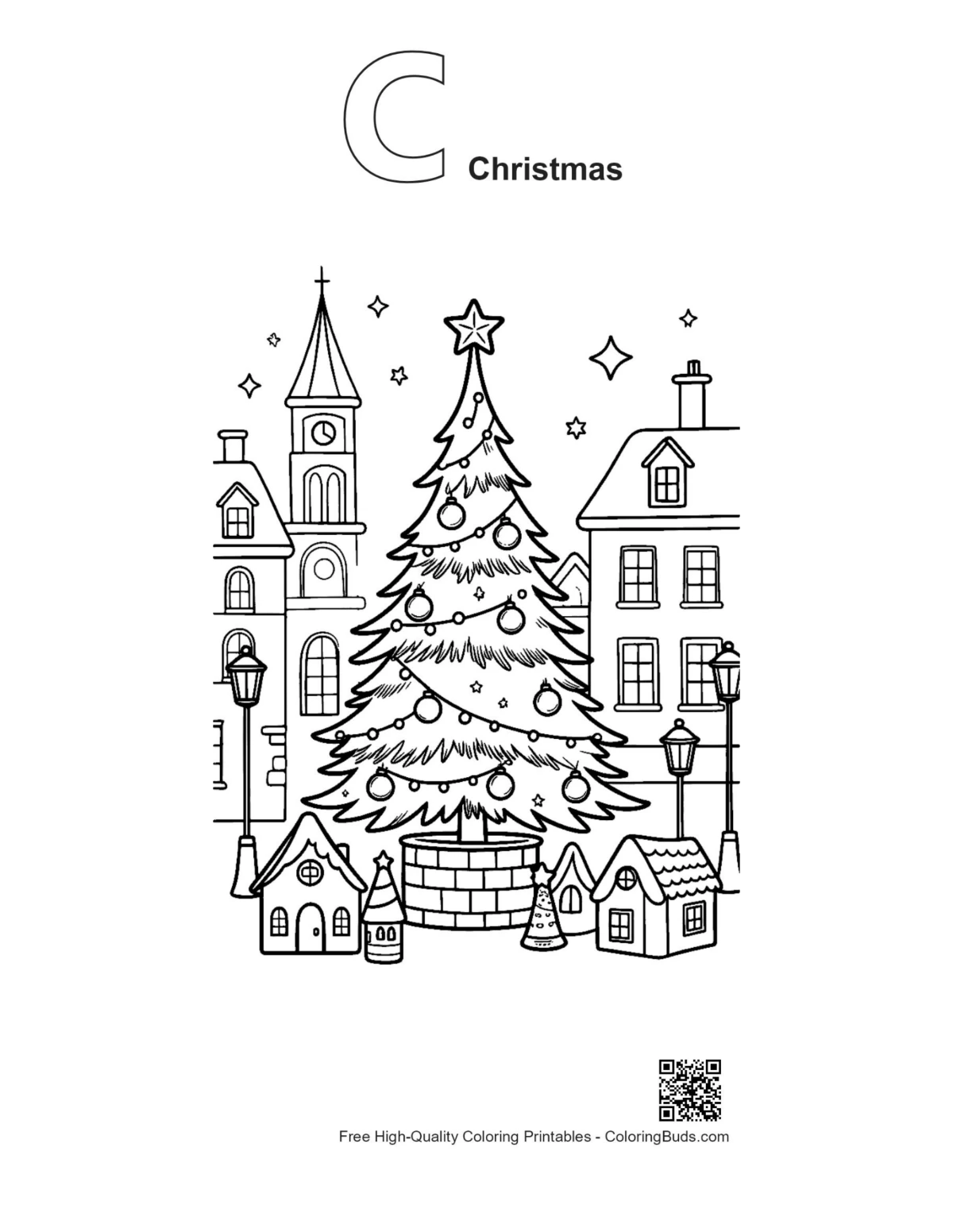 Snowy Christmas tree with alphabet C outline