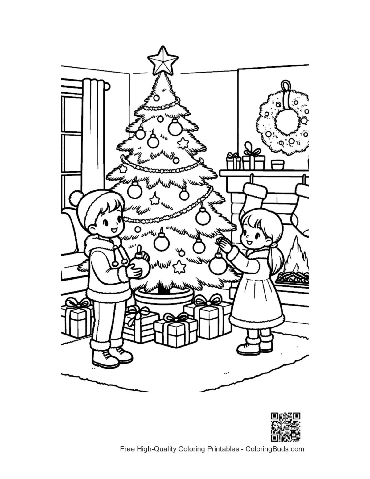 Brother sister decorating Christmas tree coloring page