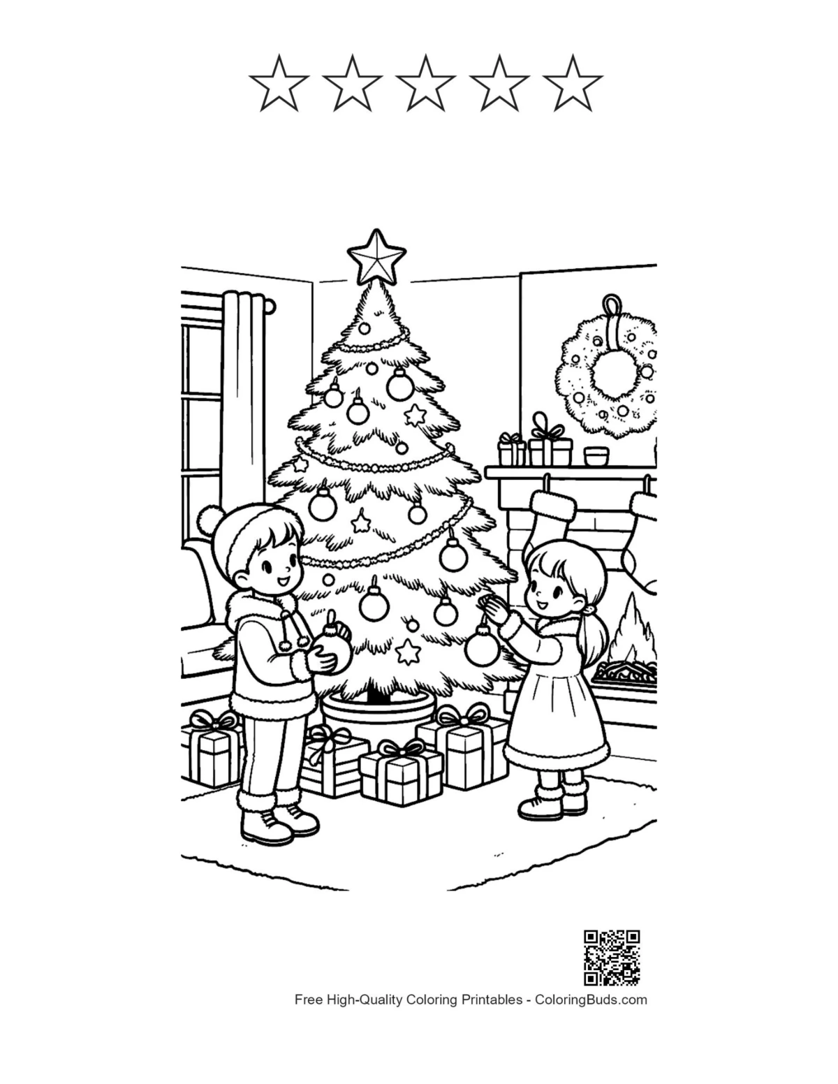 Brother sister tree coloring page with 5 star outlines