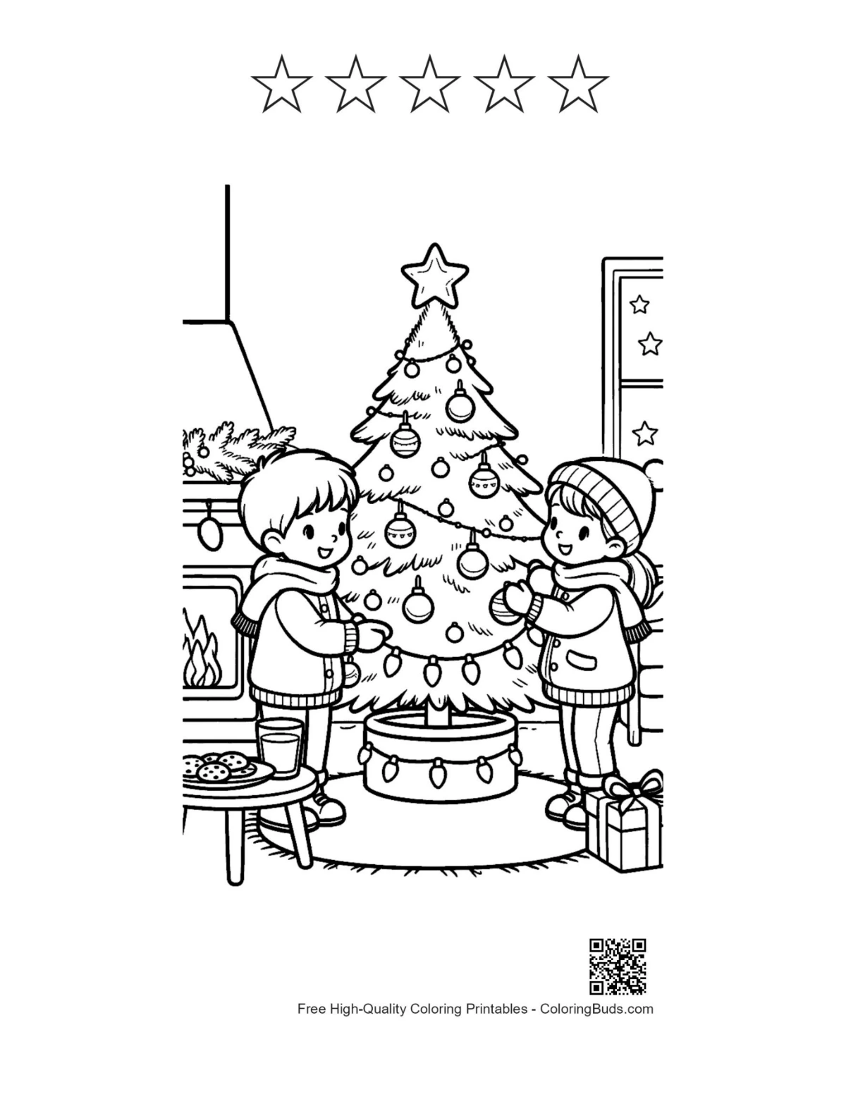Christmas tree coloring page with 5 star outlines