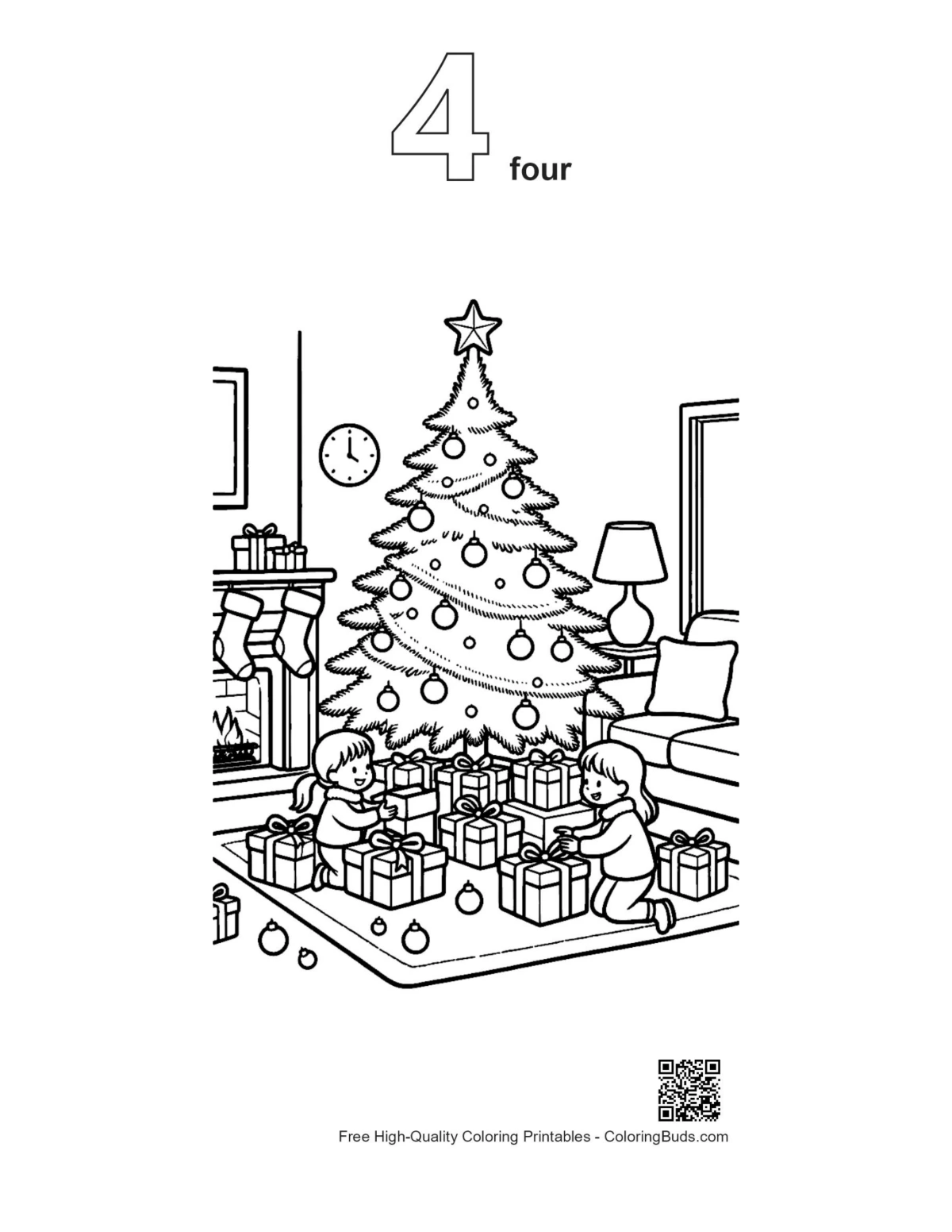 Number 4 Christmas tree coloring outline