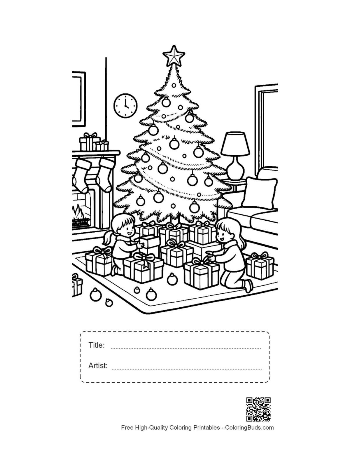 Christmas tree coloring page with title box