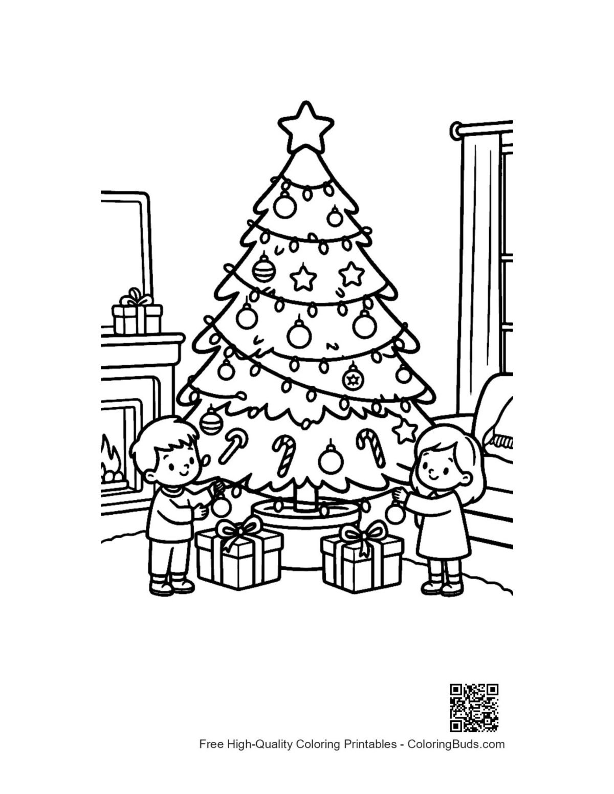 Festive Christmas tree printable coloring page outline