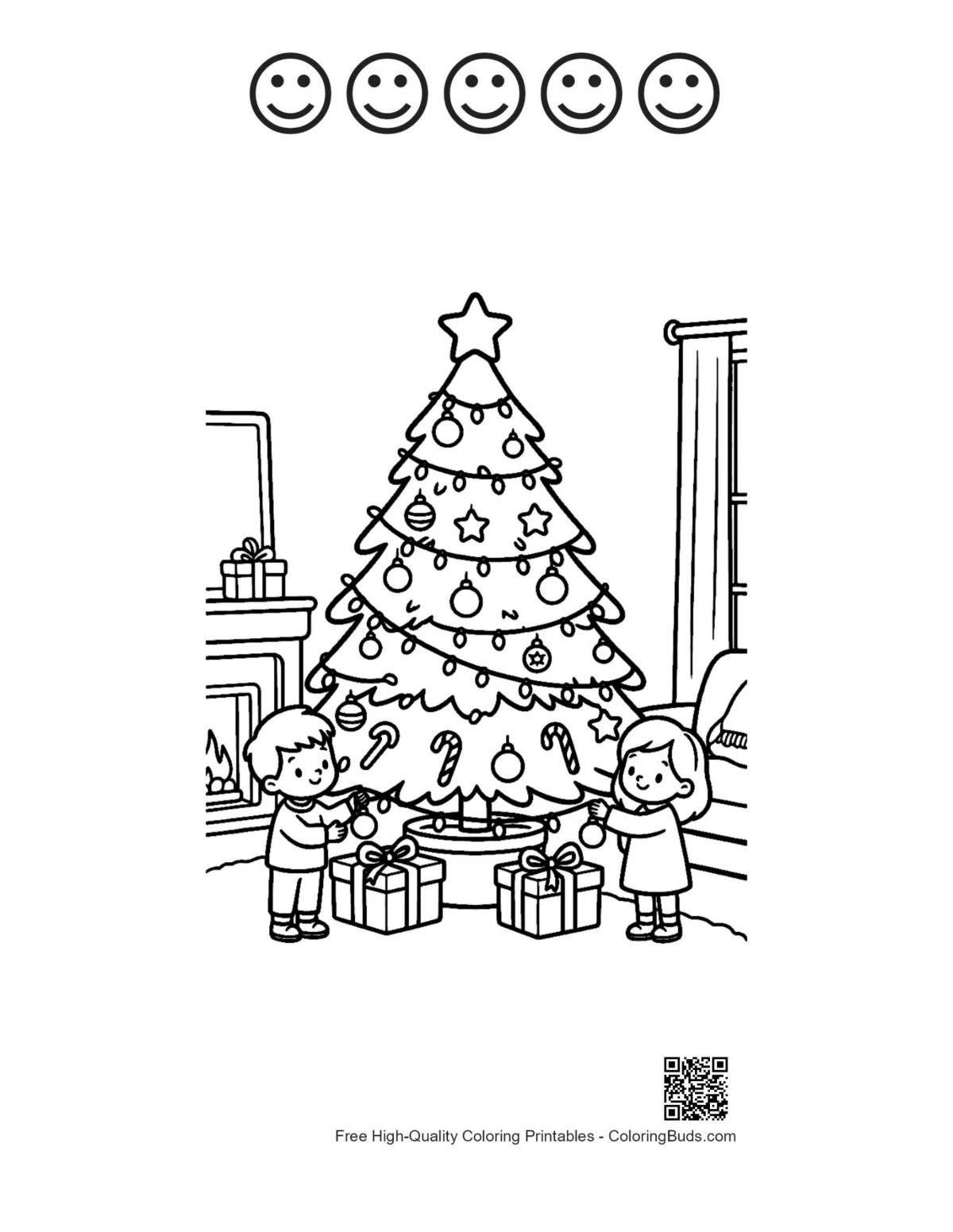 Christmas tree 5 happy faces outline printable coloring