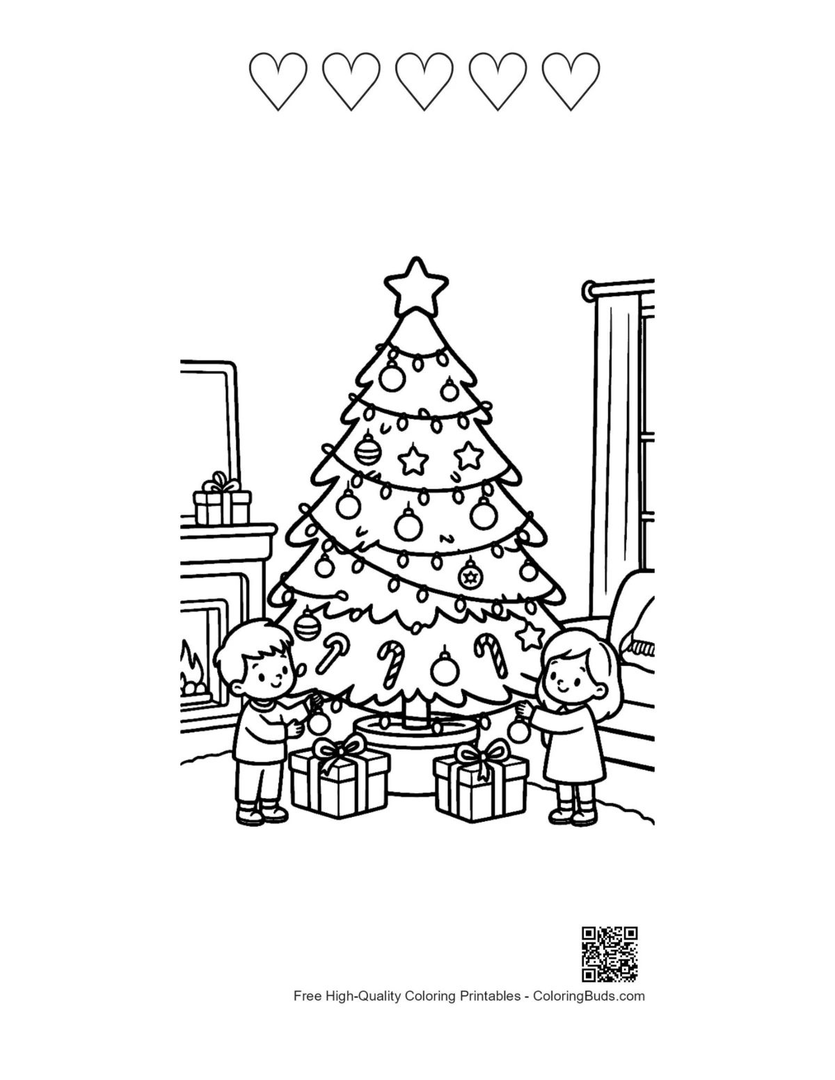Christmas tree with 5 hearts outline printable page