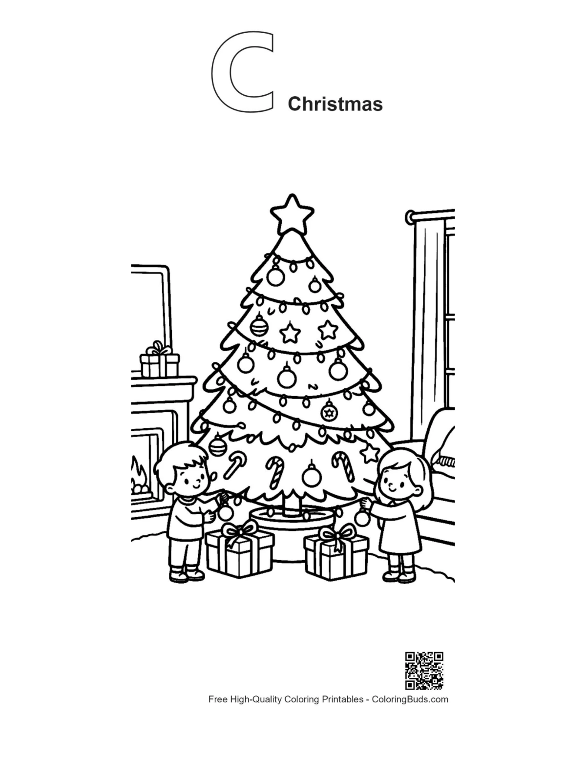 Christmas tree outline alphabet C printable coloring page