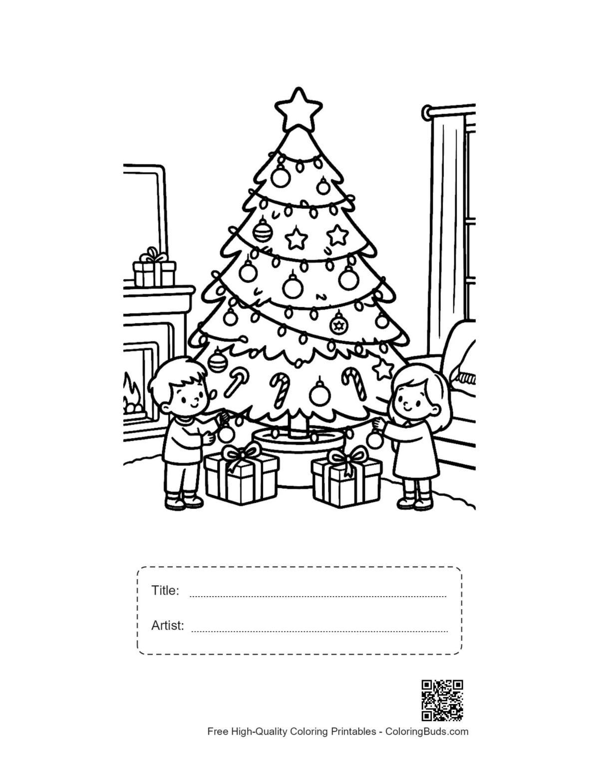 Christmas tree printable with title artist box for coloring