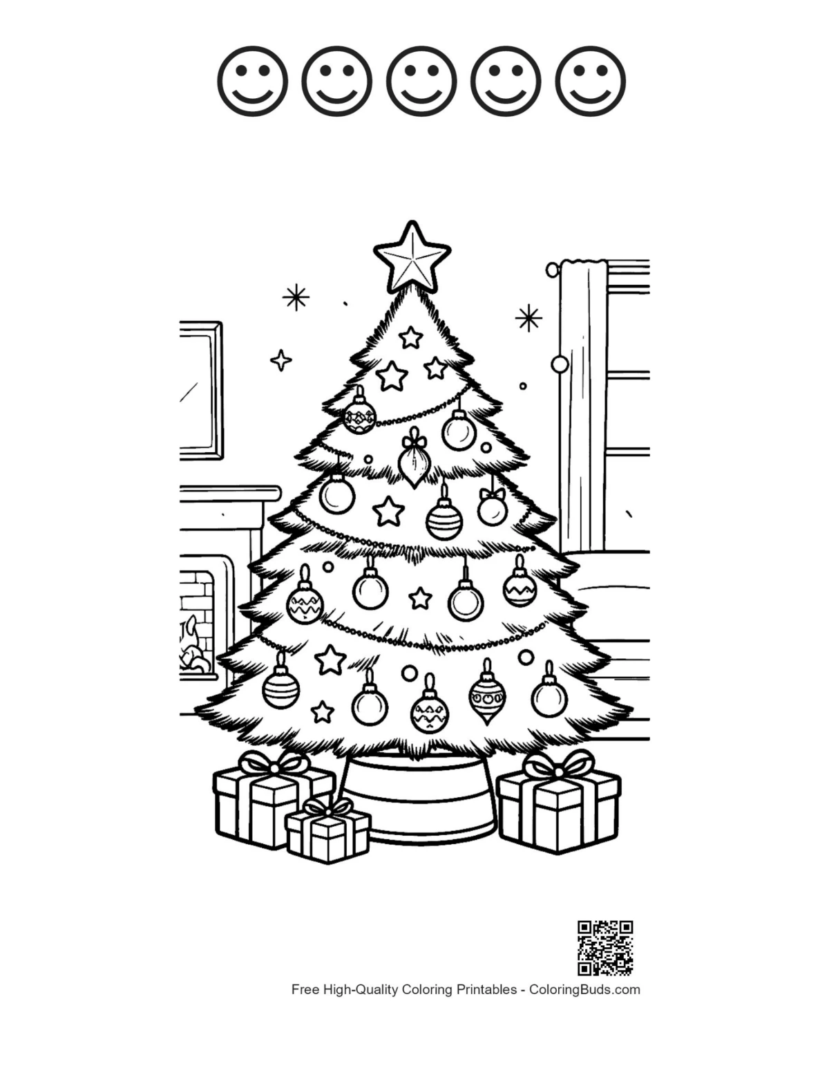 5 happy face outline Christmas tree gifts printable