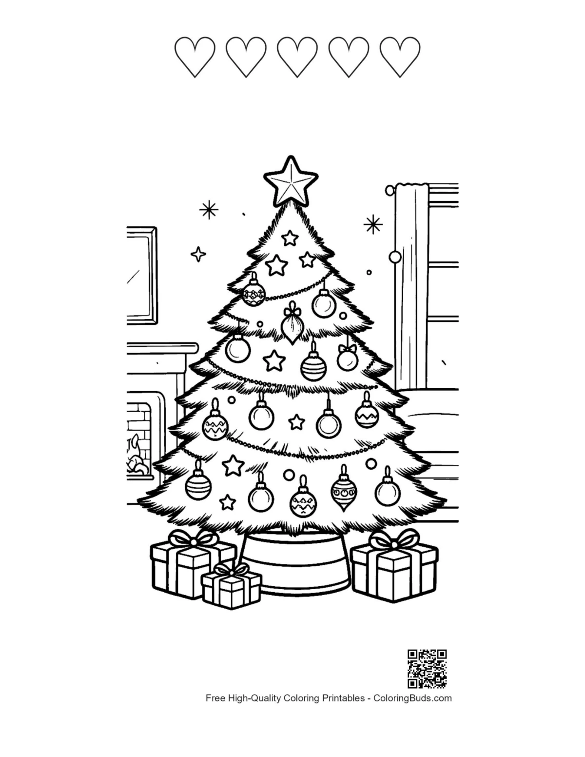 5 heart outline festive Christmas tree coloring sheet