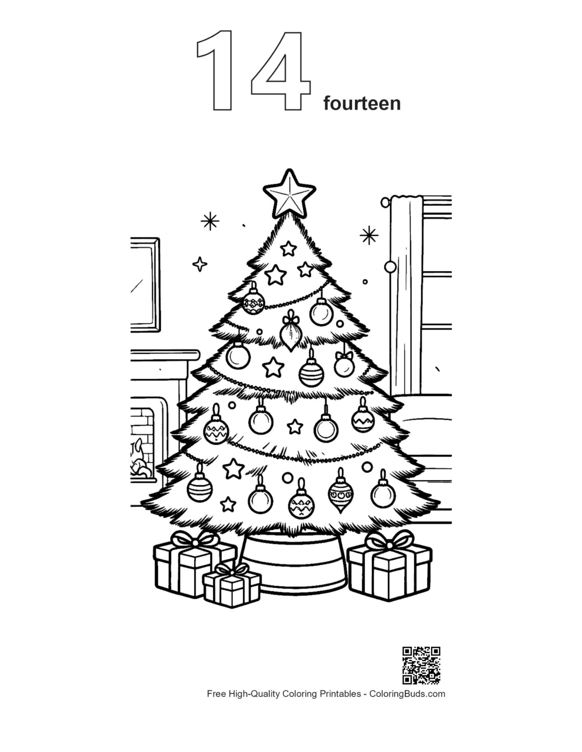 Number 14 outline Christmas tree gifts coloring printable