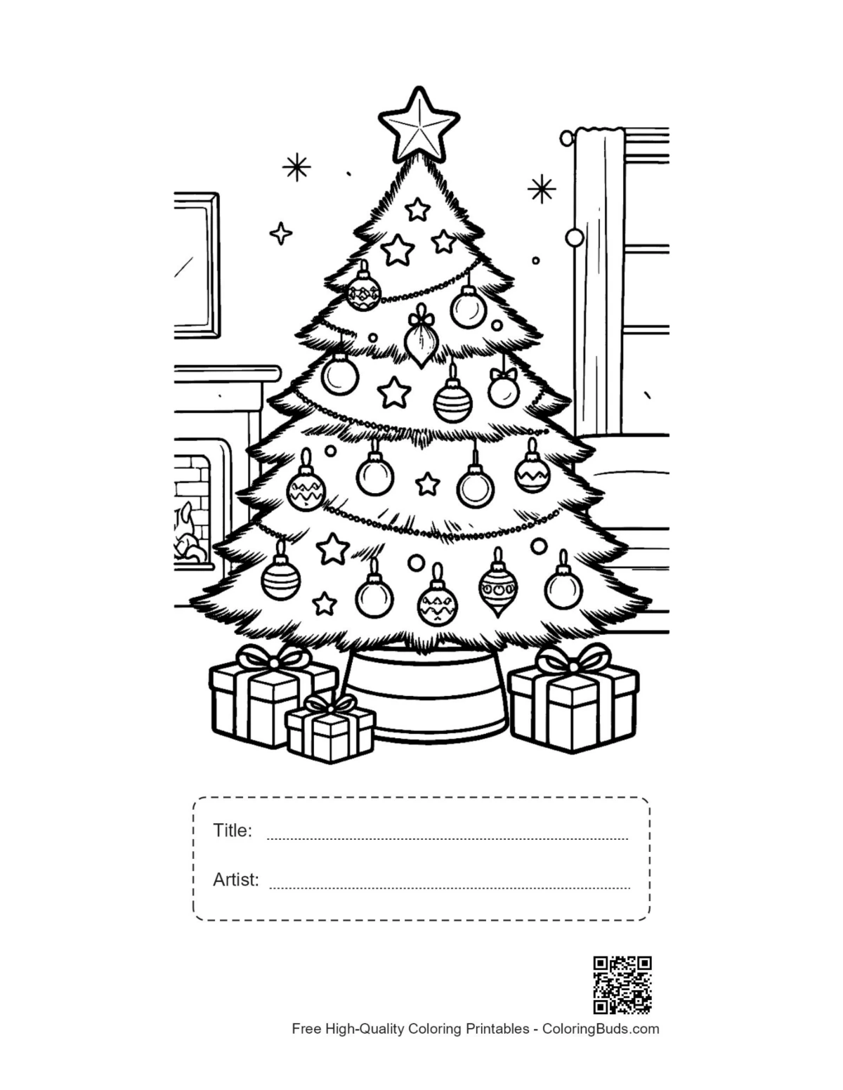 Christmas Tree coloring page with title box and gifts