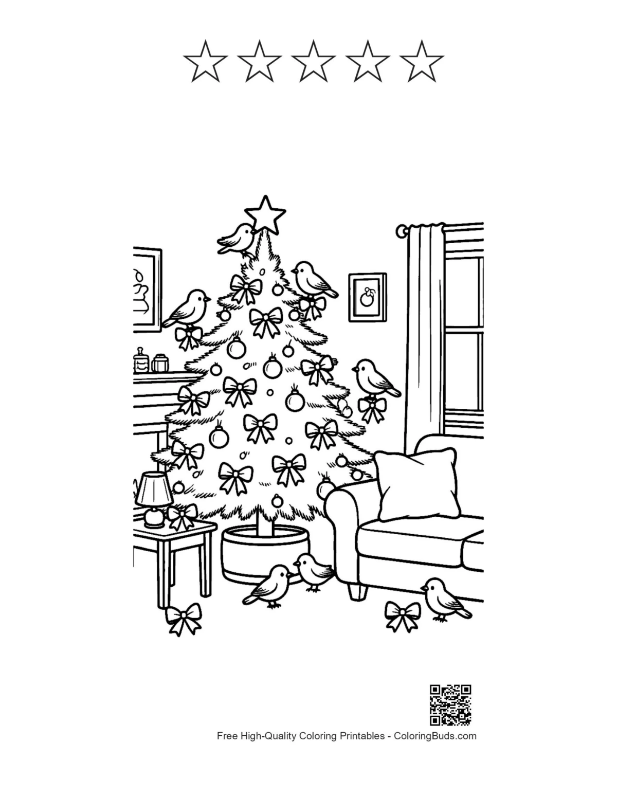 Cozy Christmas tree with 5 star outline coloring page