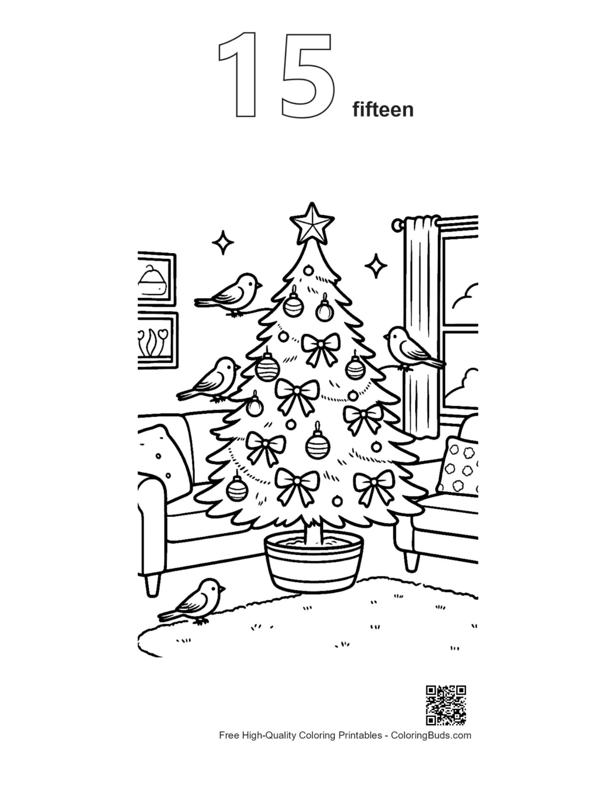 Cute Christmas tree outline numbered 15 printable