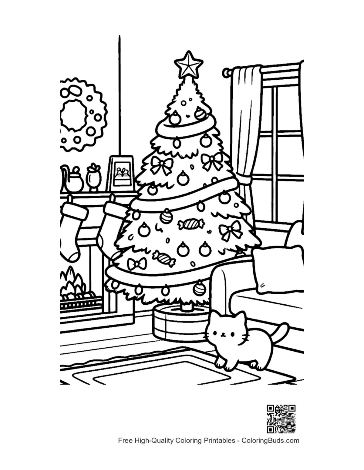 Cute puppy watching Christmas tree lights coloring page