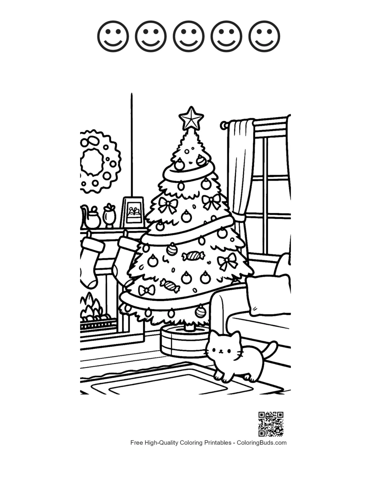 Puppy Christmas tree printable with 5 happy faces