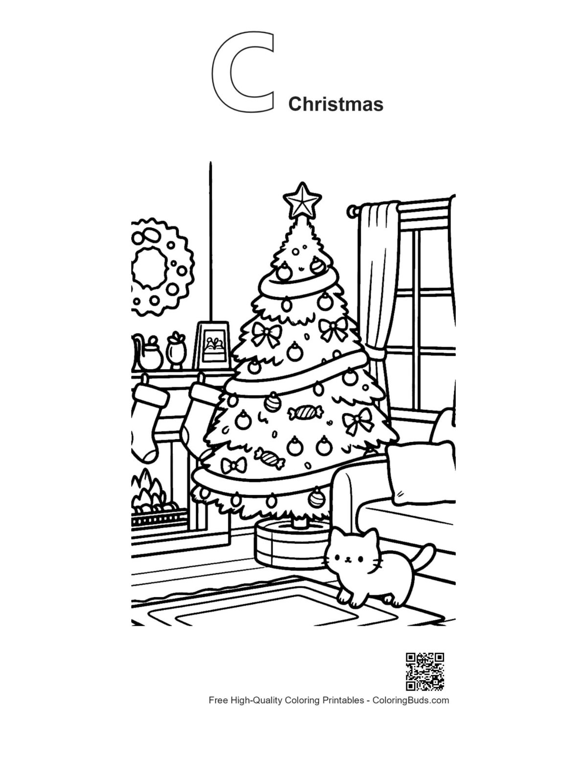 Puppy Christmas tree coloring with C alphabet outline