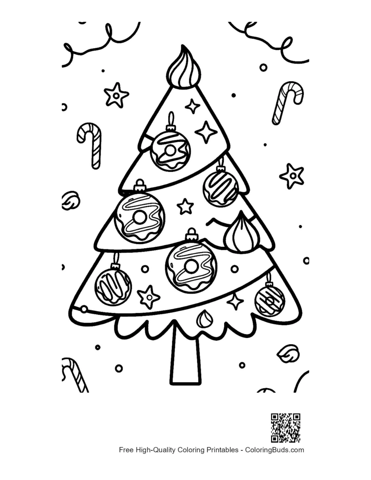 Decorative Christmas tree coloring page with candy canes stars