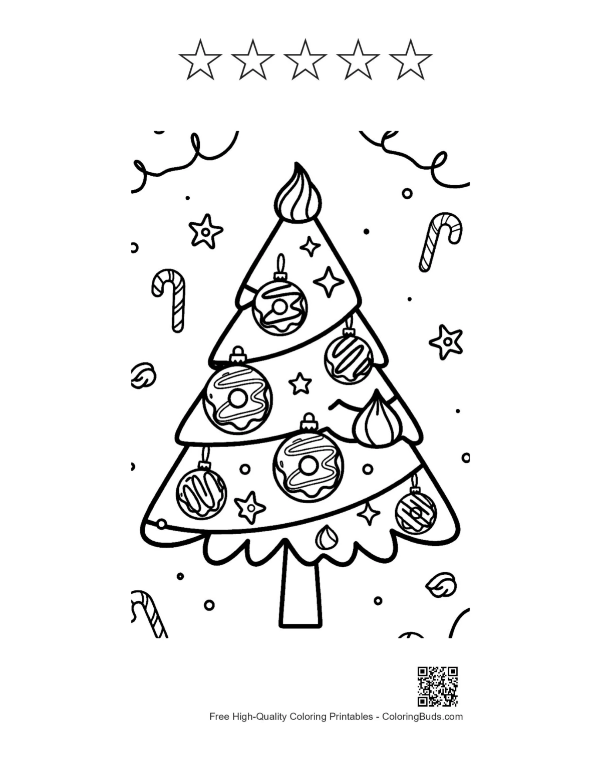 Christmas tree coloring with 5 star outlines candy canes festive
