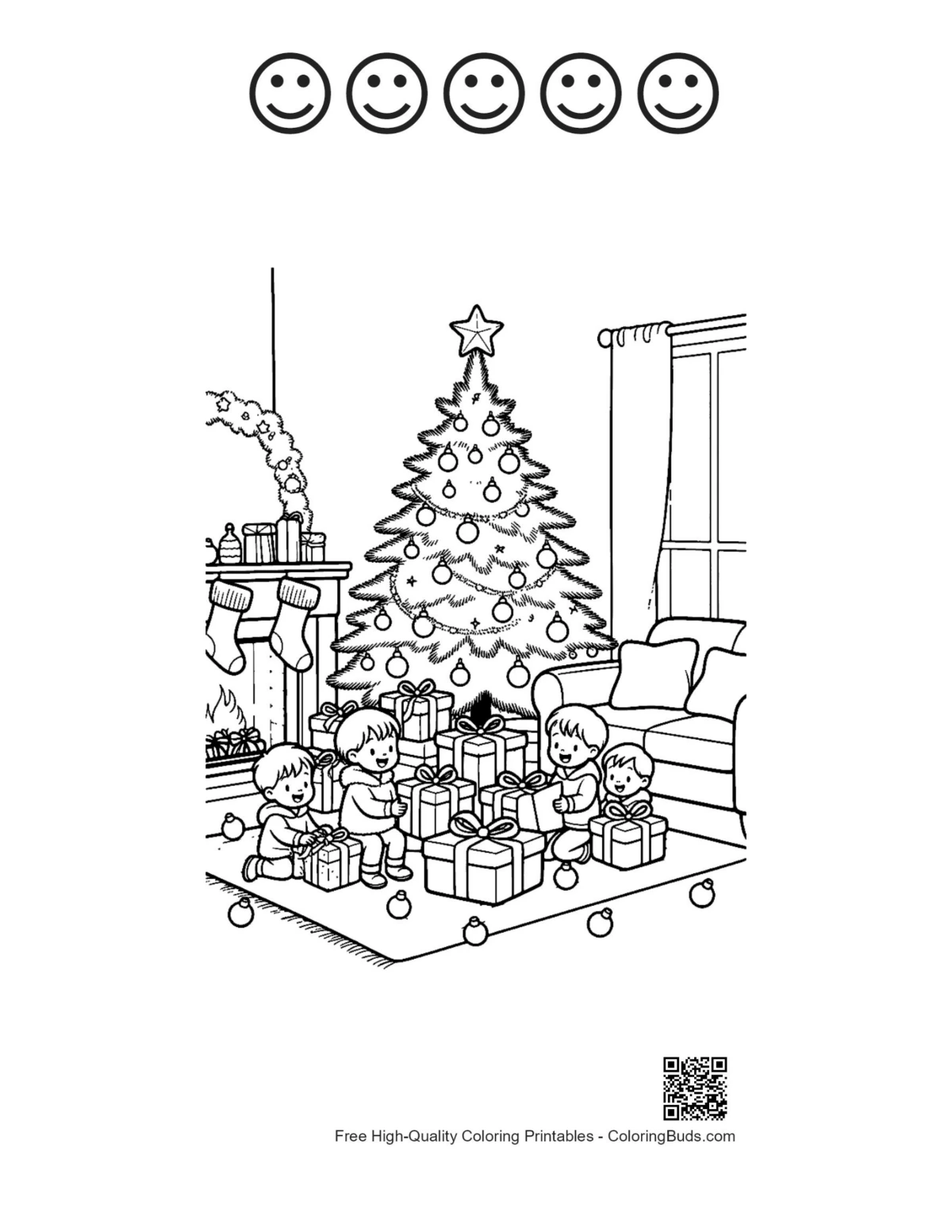 Christmas tree with 5 happy faces coloring outline