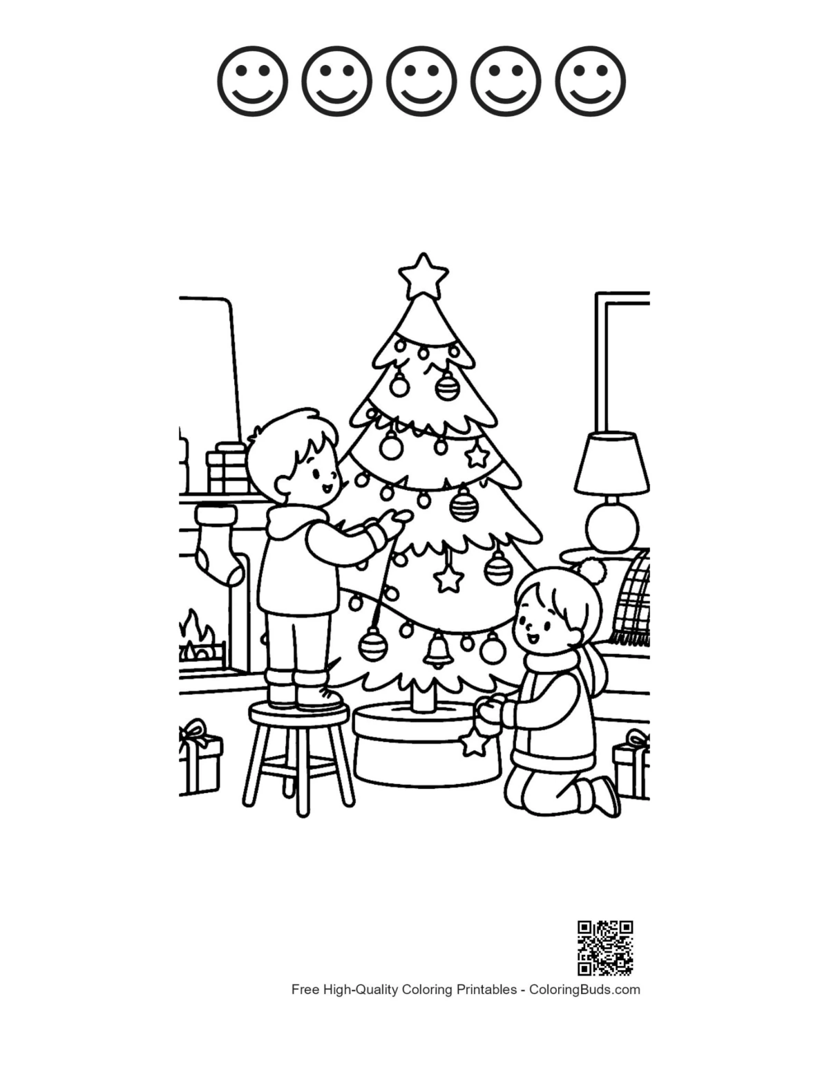 Christmas family tree with happy faces outlines