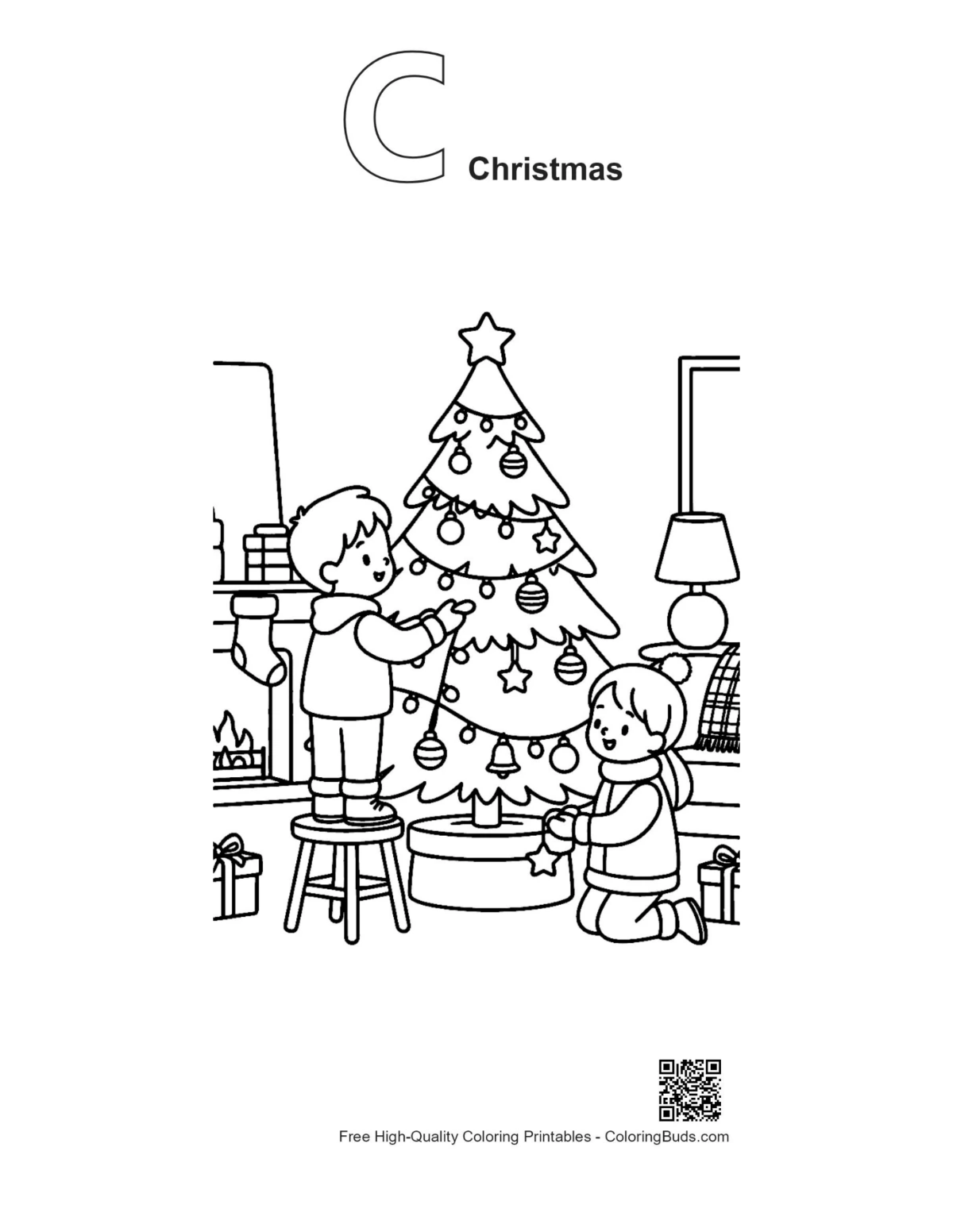 Family Christmas tree coloring with C alphabet outline