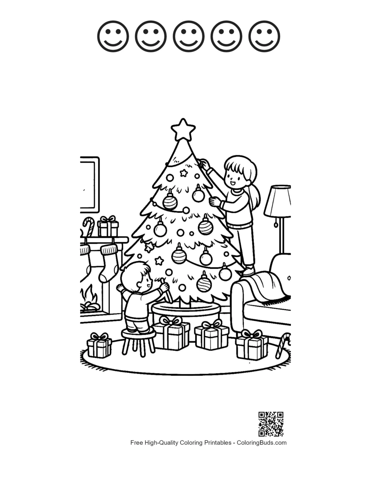 Family Christmas tree page with 5 happy faces