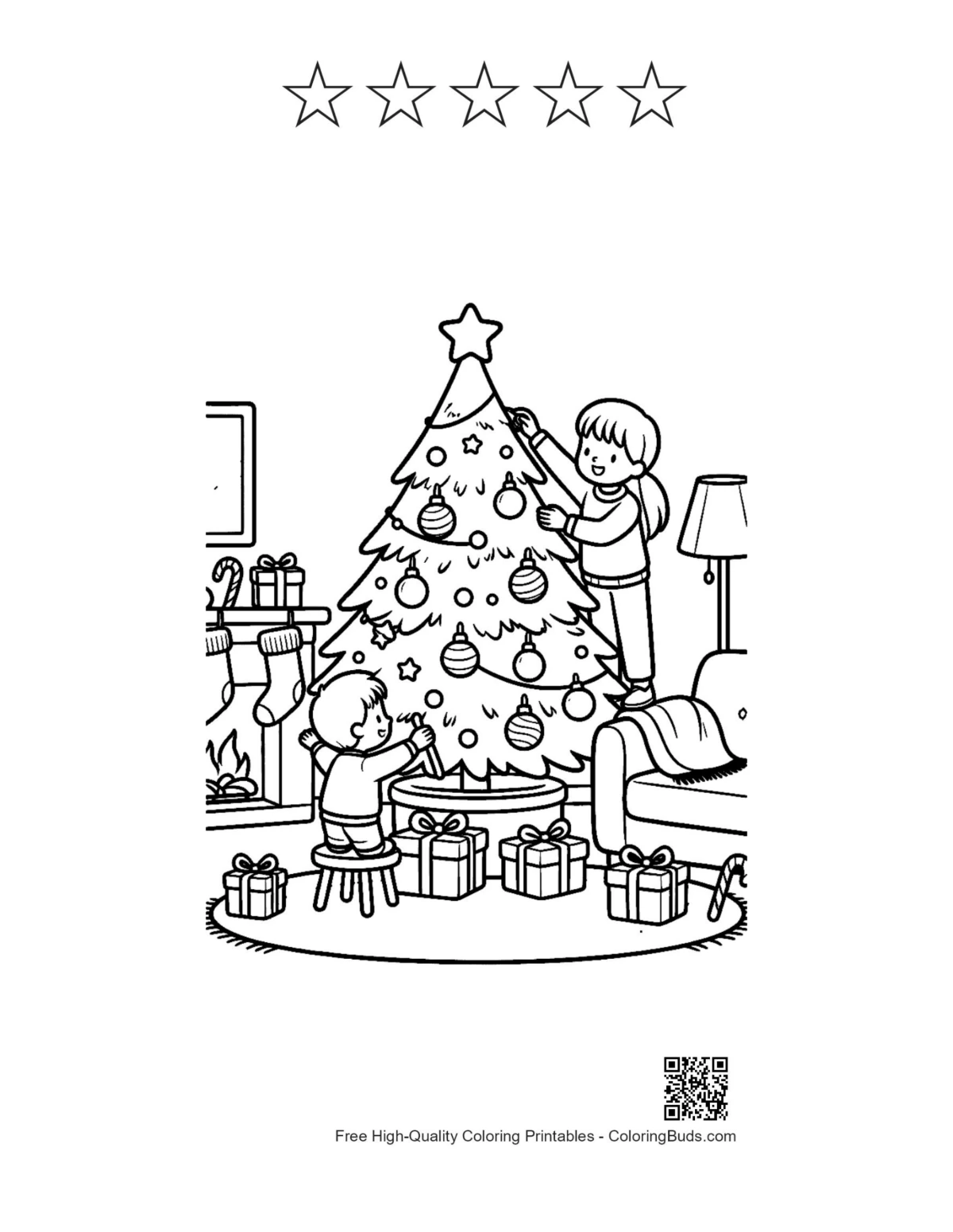 Family tree coloring page with 5 star outlines