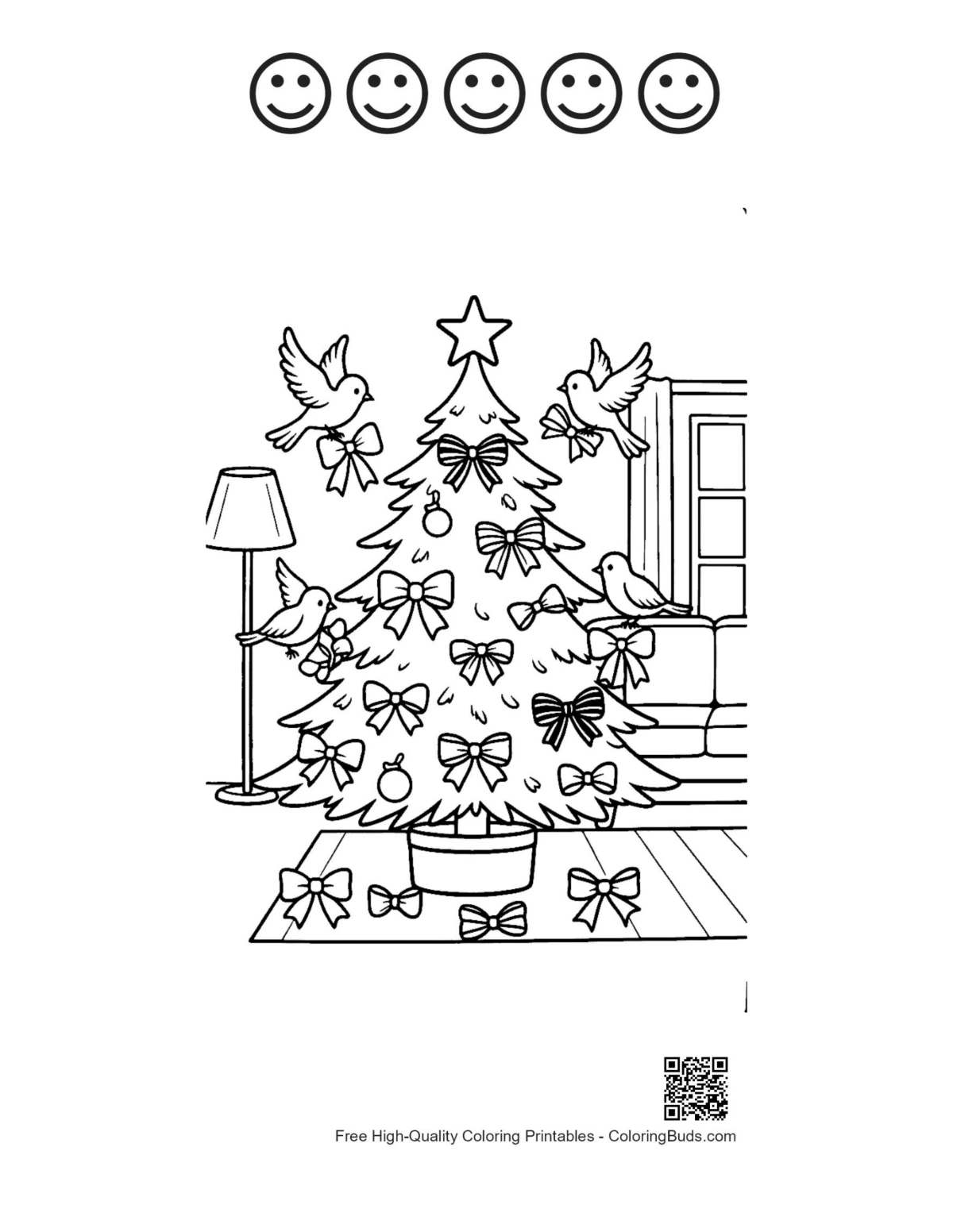 5 happy face outline on Christmas tree coloring printable with birds