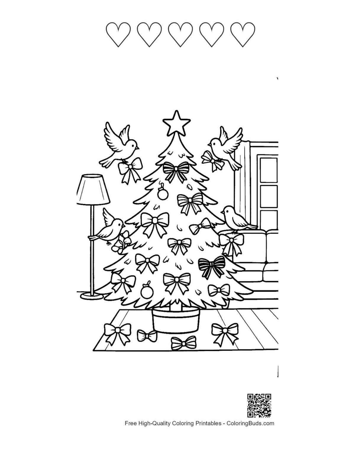 5 heart outline festive Christmas Tree coloring page birds room