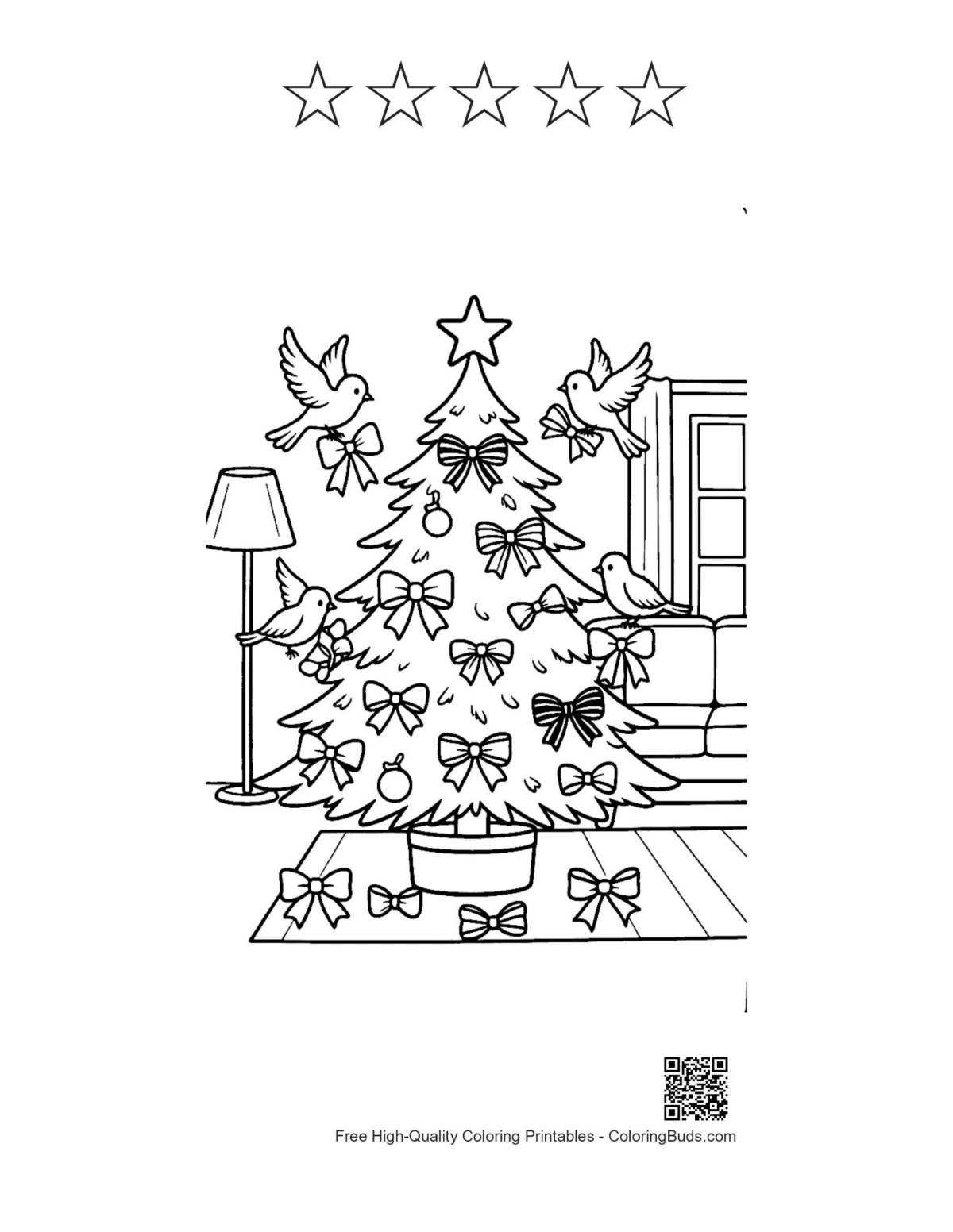 5-star outline festive Christmas Tree coloring page living room birds