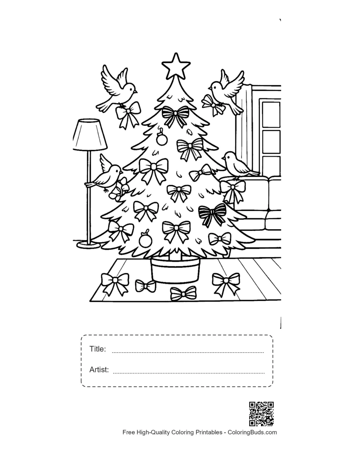 Christmas Tree coloring page with title box and birds in room